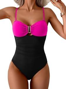 Eomenie One Piece Swimsuit for Women Tummy Control Ruched Bathing Suit Cutout U Wire Swim Suits Hot Pink Black, Size L