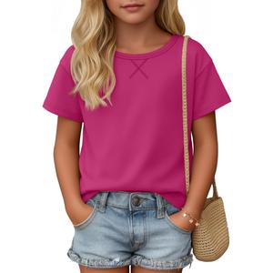 YooAurvox Girls Short Sleeve Shirts 5-14Y, Rose Red, 13-14 Years