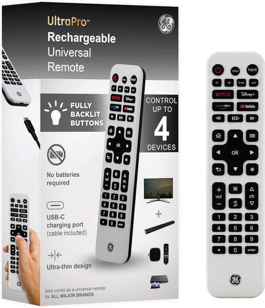GE Rechargeable TV Remote Control, Universal Remote Control, Backlit Buttons, Samsung TV Remote Control Replacement for Smart TVs, Apple TV, Sony, Roku Replacement Remote, LG TV, 4-Device, 80984