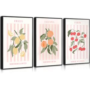 3Pcs Fruit Market Wall Art Kitchen Fruit Canvas Poster Print Lemon Orange Cherry Painting Funky Kitchen Artwork Picture Wall Decor for Dining Room Living Room 16x24in Unframed