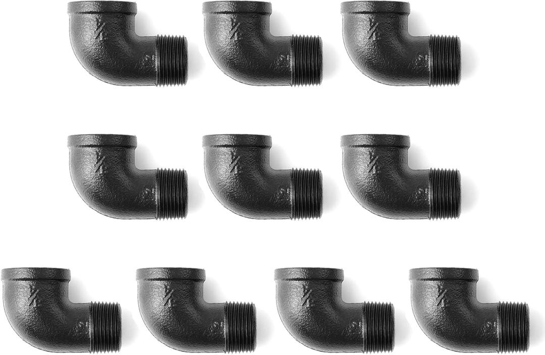 3/4" Black 90 Degree Pipe Fitting Elbow, Home TZH 3/4" NPT Male X NPT Female Elbow, Threaded Cast Black Malleable Iron for Steampunk Vintage Shelf Bracket DIY Plumbing Pipe Decor (10, Black 3/4")