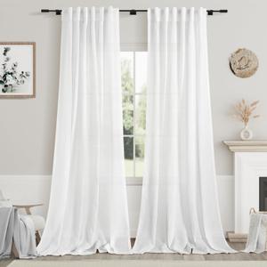 White Linen Sheer Curtains 102 Inches 2 Panels Set Back Tab Rod Pocket Extra Long Semi Sheer Light Filter Vintage Curtain Drapes Room Decor Aesthetic Curtains for Living Room High Window 42x102