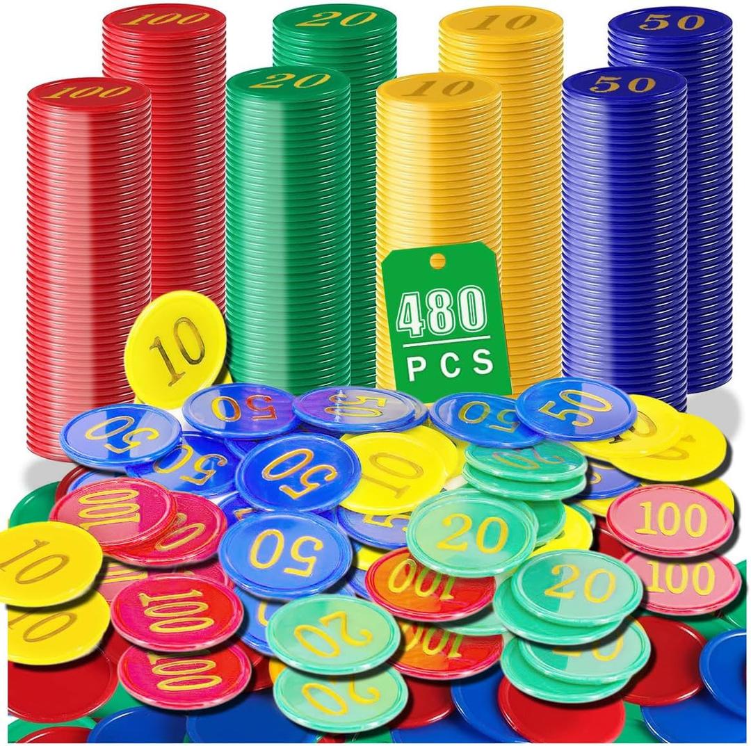 Bulk Plastic Poker Chips Set with Numbers,Denomination Printed Casino Style Chip for Texas Home Game Holdem Poker Nights,Blackjack or Roulette Games,Casino Parties (480 pcs)