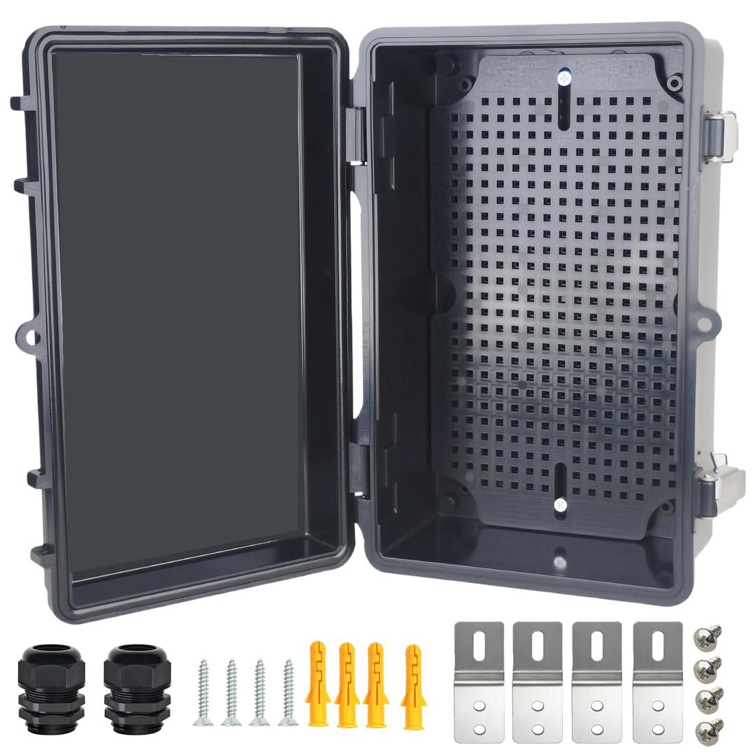 Electrical Junction Box, IP67 Waterproof Outdoor Box ABS Plastic Enclosure with Stainless Steel Latches & Brackets, Hinge Black Cover Project Box with Mounting Plate 10.2"x6.3"x4.3"