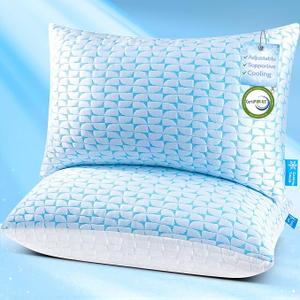 QUTOOL Firm Pillow Shredded Memory Foam, Cooling Pillow for Hot Sleeper, Adjustable Bed Pillow for Side Back Stomach Sleepers, Washable Cover, CertiPUR-US Certified, Queen Size Set of 2