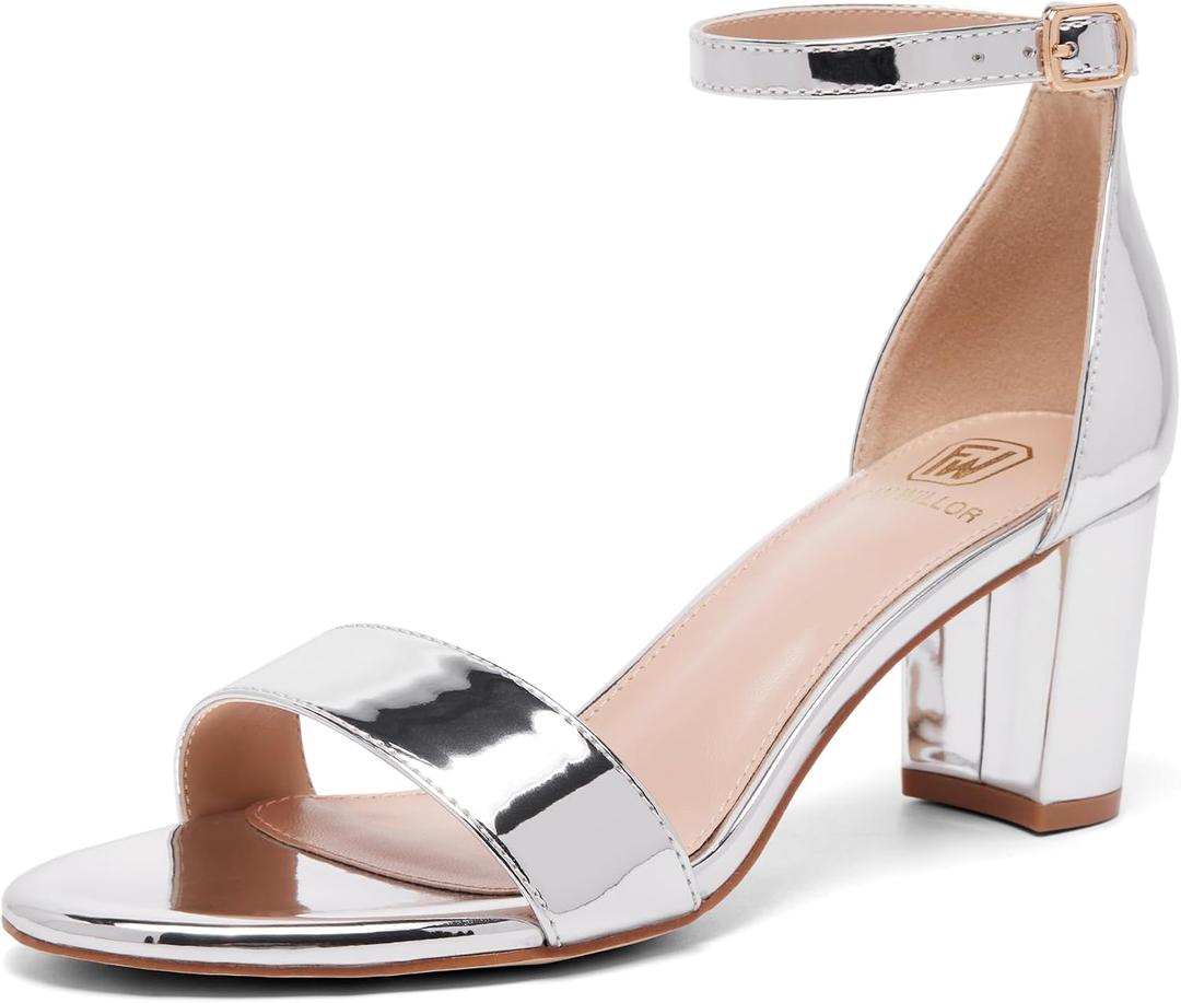 FW FRAN WILLOR Women Open Toe Low Chunky Short Heels Ankle Strap Block Heel Sandals Party Dress Wedding Pump Shoes (Silver) 7.5