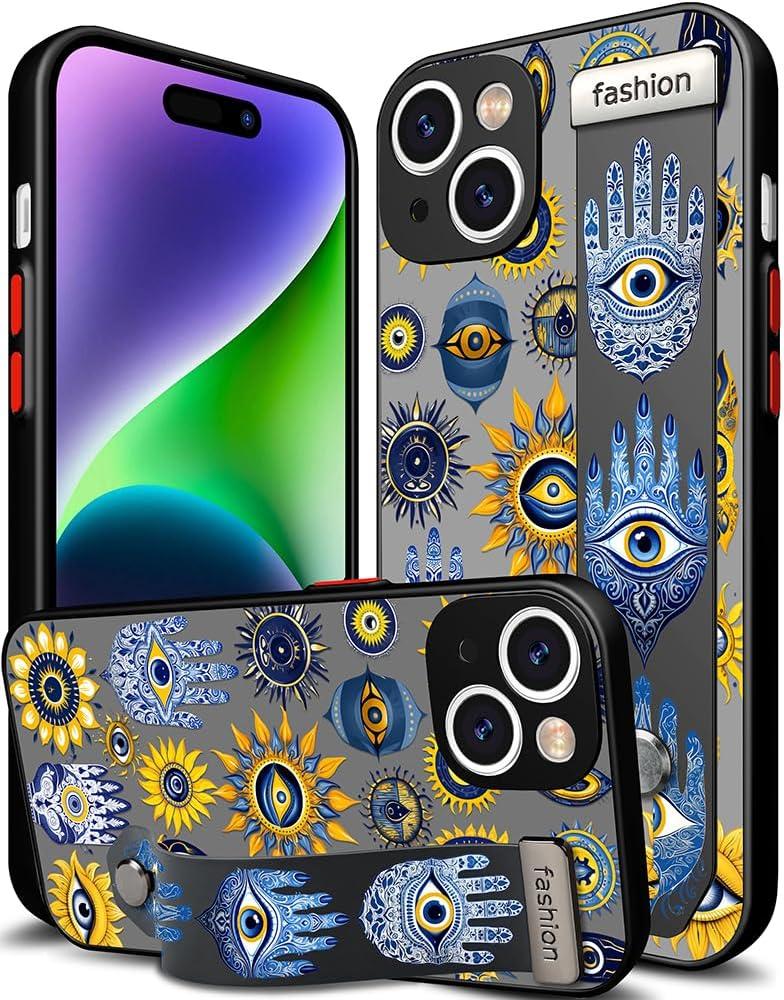 Compatible for iPhone 14 Case Cute with Strap Stand Finger Kickstand, Designer Cool Silicone Cases Funda Cover - Blue Evil Eyes