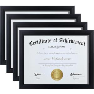 ELSKER&HOME 8.5x11 Picture Frame - Black Sturdy Wood Composite Certificate Frame - Semi-Tempered Glass - Includes Hanging Hardware and Desktop Easel - for Document/Diploma Frame (4 Pack)