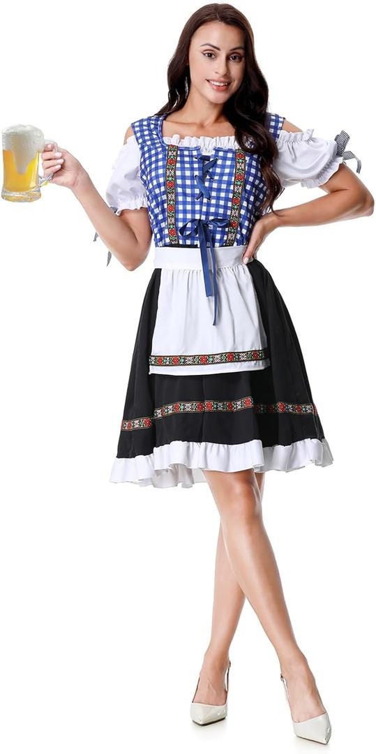GRAJTCIN Women's Oktoberfest Costumes German Bavarian Dirndl Dresses Halloween Fancy Dress (X-Large, Blue)