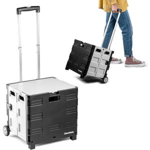 CleverMade Collapsible Wheeled Crate with Lid, 2-Wheels – Stable Rolling Crate with Handle and Large Wheels for Fragile Items, Heavy Loads and Easy Storage - 35L and 75lb Capacity, Black/ Cream