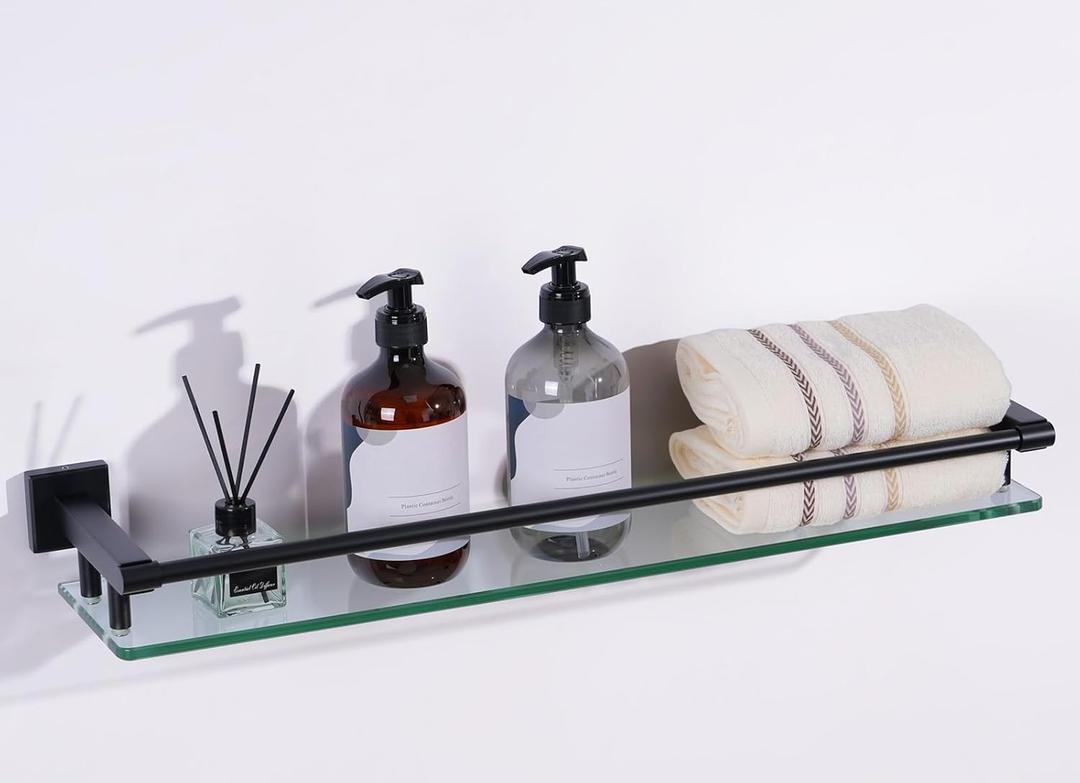 Glass Shelf for Bathroom Wall Sheves 24 inch Rectangular Stainless Steel Tempered Glass Modern Stainless Steel Wall Mount Accessories Organizers Storage (Matte Black), 24'' with Railing