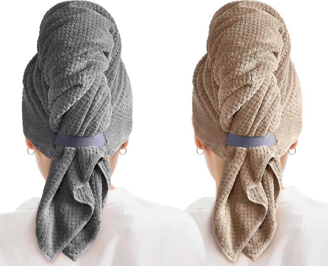 MABAO 2 Pack Microfiber Hair Towel Wrap for Women, Quick Dry Hair Turban Towel with Elastic Band, Microfiber Plopping Towel for Curly Hair, Stocking Stuffers for Women (Gray, Camel)