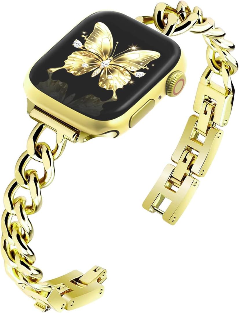 Slim Gold Chain Watch Bands Women Elegant Compatible with Apple Watch Band 38mm 40mm 41mm 42mm (S10/11) Adjustable Metal Strap Link Bracelet for iWatch Series 11/10/9/8/7/6/5/4/3/2/1/SE(No Case)