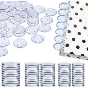 Outus 50 Pieces Expansion Discs Notebooks Planner Discs Book Expansion for DIY Notebooks Planners Clear with Silver Sequins(1, 1.26, 1.5 Inch)