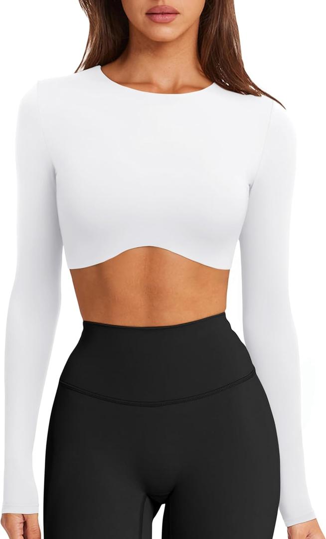 LASLULU Womens Sexy Double Lined Long Sleeve Shirts Crewneck Workout Tops Athletic Yoga Shirts Going Out Crop Tops (White, S)