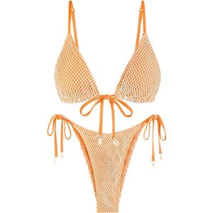 ZAFUL Women Triangle String Two Piece Bikini Fishnet Mesh Tie Shell Decor Tanga 2 Piece Swimsuit (Medium)