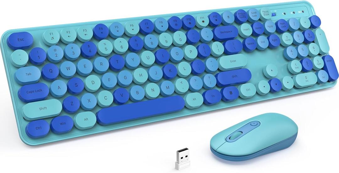 Wireless Keyboard and Mouse, LIZRROT Silent Keyboard Mouse Combo, Full-Sized Colorful Typewriter Keyboard with Round Keycaps, 2.4G Cute Mouse Compatible with PC/Laptop/Computer(Blue)