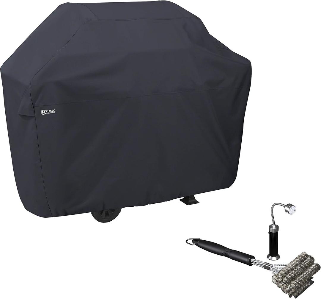 Classic Accessories Water-Resistant 70 Inch BBQ Grill Cover with Coiled Grill Brush & Magnetic LED Light