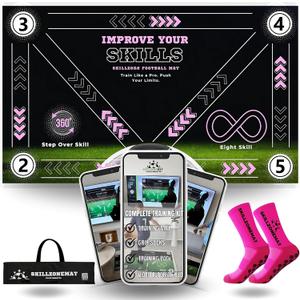 SkillZone Soccer Training Mat  Soccer Dribbling & Footwork Trainer with SkillZone Interactive Training Hub | Soccer Skills & Ball Control Practice for Kids & Teens | Indoor & Outdoor Agility & Coordination Training System (Flash Pink - Essential Kit)