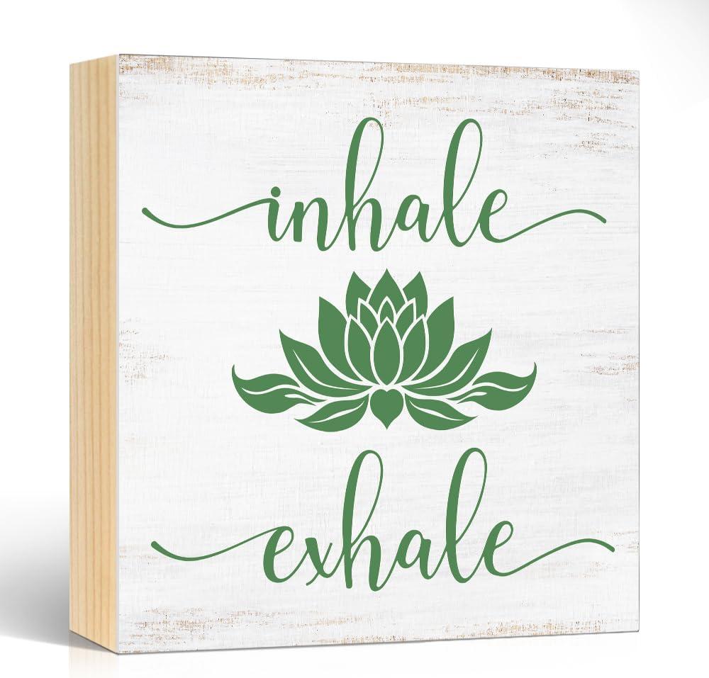 Inhale Exhale Wooden Box Sign, Inspirational Gifts for Women Friend Coworker, Funny Lotus Wood Box Sign Decor for Home Office Farmhouse Bedroom Yoga Spa Room, Meditation Gifts for Yoga Lover