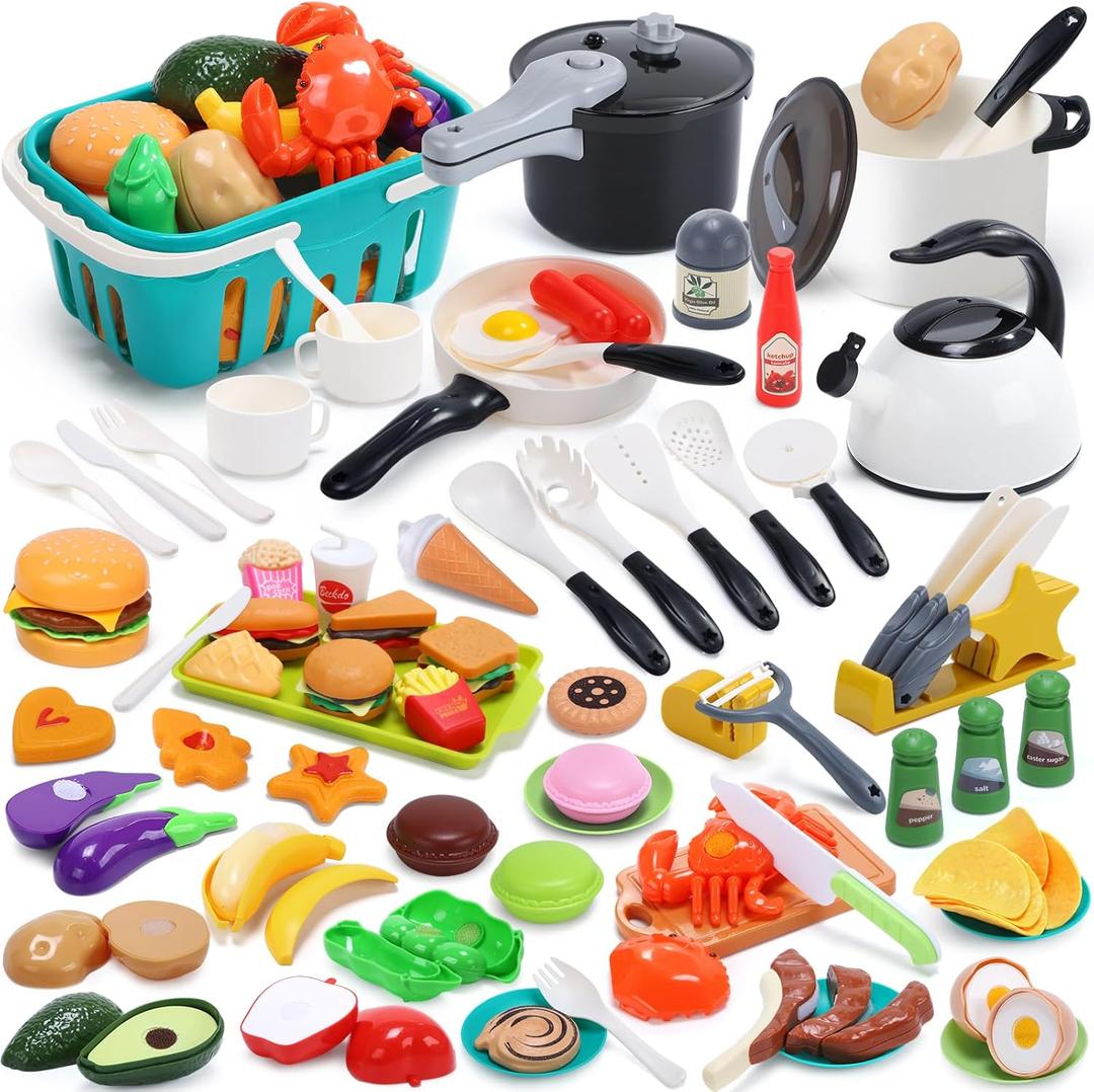 HOLYFUN 74-Pcs Kids Play Kitchen Accessories, Toddler Pretend Cooking Set, Toy Cookwares Set with Toy Pots and Pans, Cutting Play Food, Shopping Basket, Kitchen Gift for Boys Girls