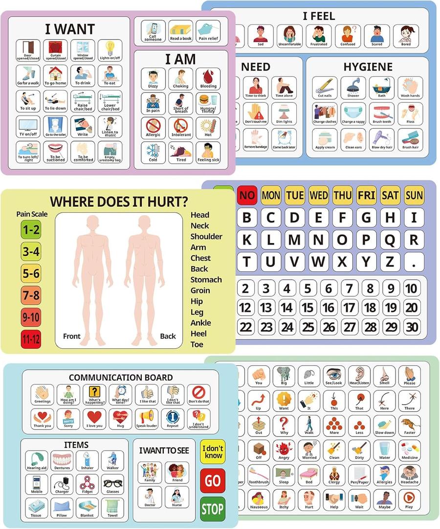 Fuyoooo 6 Pcs Communication Boards for Non Verbal Adults 11.81 x 8.27'' Colorful Picture Symbol Communication Cards Speech Tool for Autism Aphasia Stroke Patients Hospital Care Use 