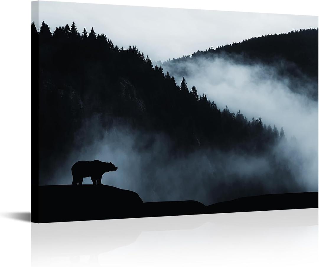 Canvbay Misty Mountain Forest Landscape Wall Art Decor Wilderness Animal Bear Canvas Prints Foggy Nature Scenery Pictures Paintings Framed for Living Room Bedroom Home Decoration 16x24inch