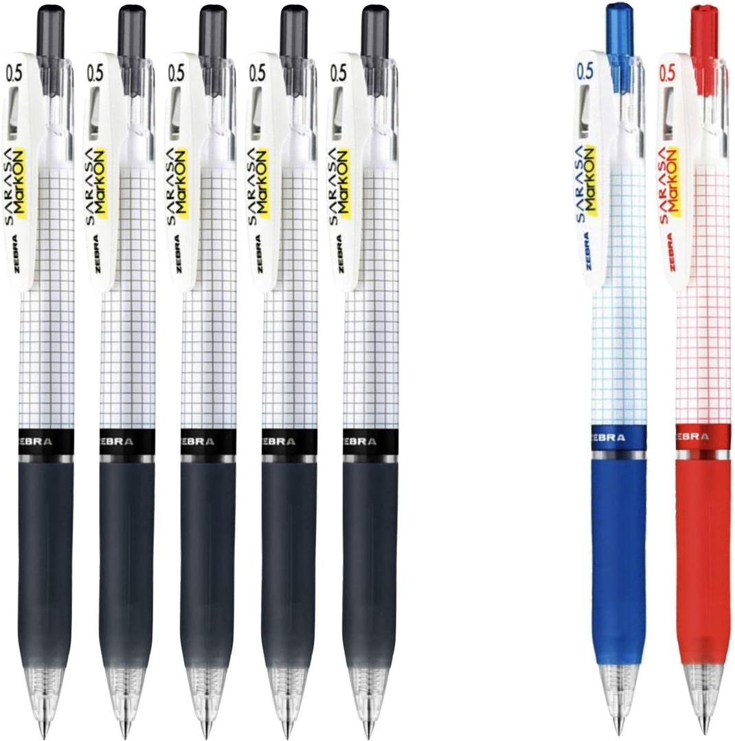 Gel ink 0.5mm ballpoint pens ink color (5 Black,1 Blue,1 Red) total 7