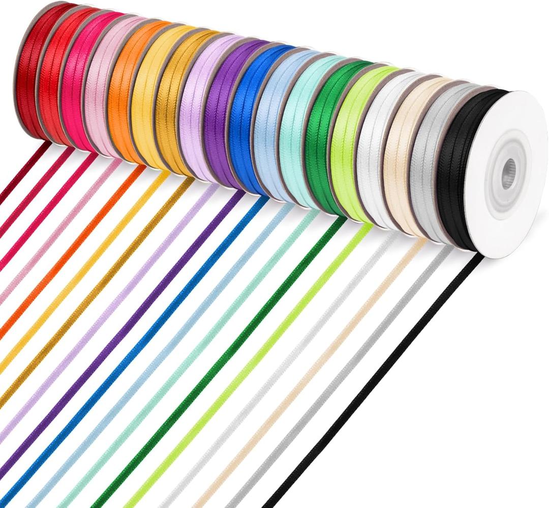 ABSOFINE 14 Colors Double Faced Satin Ribbon Polyester,1/8 inch Solid Fabric Ribbon Roll for Gift Wrapping, DIY Crafts, Wedding Birthday Party Decorations