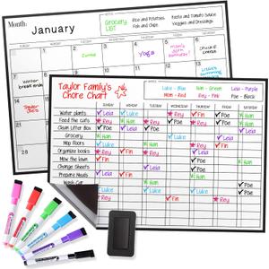 Cinch Magnetic Dry Erase Calendar & Chores Chart for Kids Bundle for Fridge: 2 Boards Included 17"x12", 6 Fine Tip Markers & Large Eraser w/Magnets, Chore Chart Magnetic Board for Kids and Adults