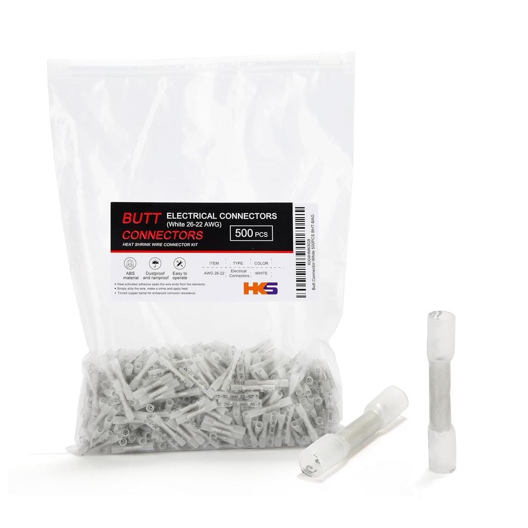 HKS 500 PCS White Heat Shrink Butt Connector 26-22 AWG - Electrical Connectors - Tinned Red Copper 0.5mm - Automotive Marine Stereo Boat Crimpr - Waterproof and Insulated