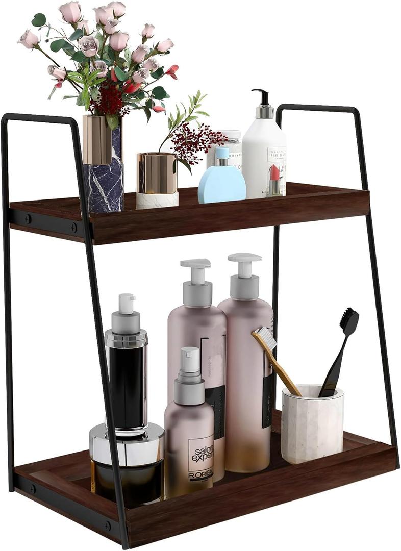 Dorhors 2 Tier Bathroom Counter Organizer Storage,Vanity Organizer for Bathroom Counter,Wood Standing Rack for Kitchen(Walnut)