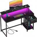 GreenForest Gaming Desk 39 Inch with LED Lights and Monitor Stand, Computer Desk with Drawer for Small Spaces, Office Desk with Power Outlets and Shelf, Black