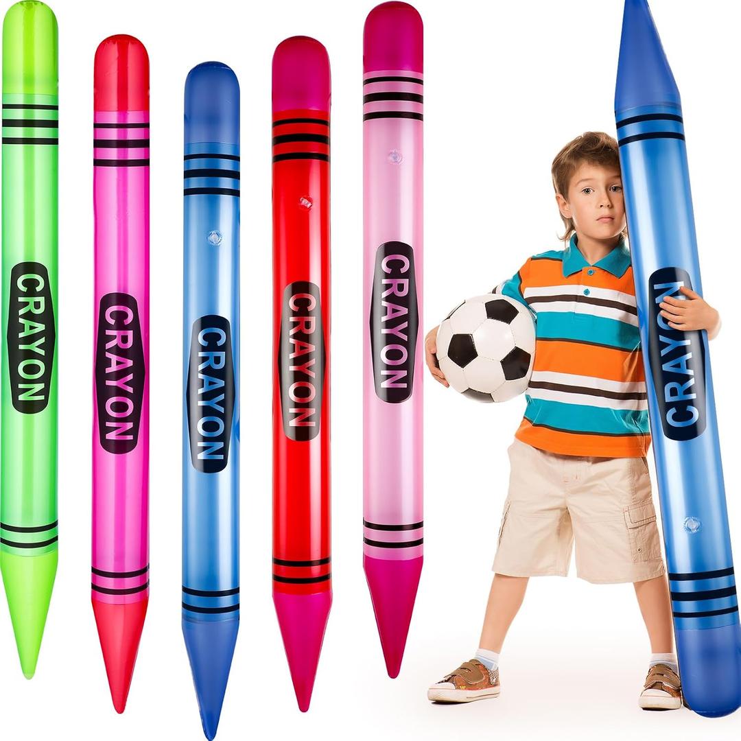 5 Pcs 43.3 Inch Tall Inflatable Crayons Balloons for Kids, Neon Large Giant Blow up Crayons Set Decor Prop Birthday Party Decorations, 5 Colors