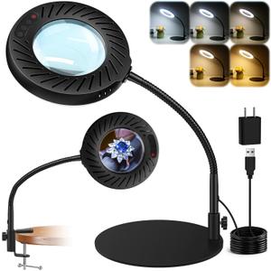 12X Magnifying Glass with Light and Stand, 5 Color Modes, 9 Dimmable Levels, Hands Free Flexible Gooseneck Magnifying Lamp, 2-in-1 LED Desk Lamp for Crafts Hobby Jewelry Sewing Reading Close Work