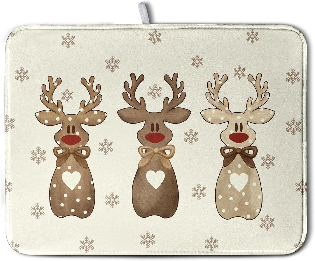 Wnoesat Christmas Reindeer Snowflakes Dish Drying Mat for Kitchen Counter 18x24 Inch Winter Xmas Holiday Drying Pads Microfiber Absorbent Dish Draining Mat Large Dish Drainer Rack Mat