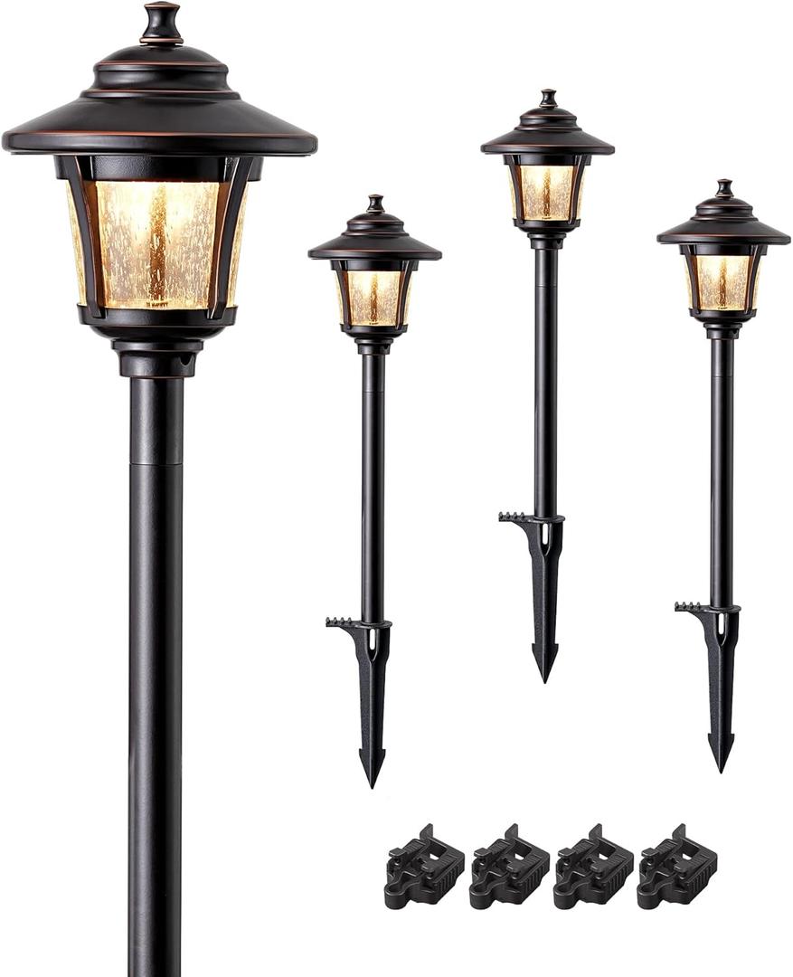 EDISHINE Low Voltage Landscape Lighting, 12V 3W 120LM 3000K Seed Glass Outdoor Landscape Path Lights with Connectors, ORB Waterproof Electric LED Pathway Light Wired for Walkway Garden Yard, 4 Pack