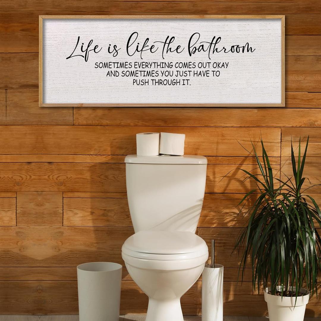 LuZhiQiang Farmhouse Bathroom Wall Decor Life Is Like The Bathroom Sign 32"12" for Rustic Restroom Toilet Laundry Funny Wall Art Inspirational Large Wood Framed Hanging (Wood)