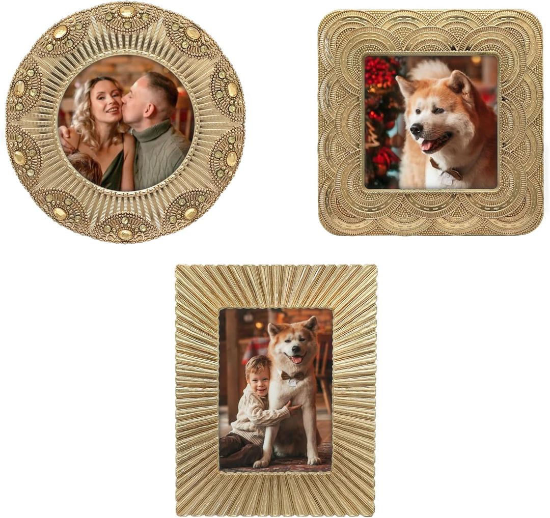 Classic Gold 1920s Mini Frame Set/Set of 3/2.5x2.5 & 2.5x3.5 In | For Tabletop Display | Perfect for Home Decor, Wedding, Graduation, Or Milestone Photos