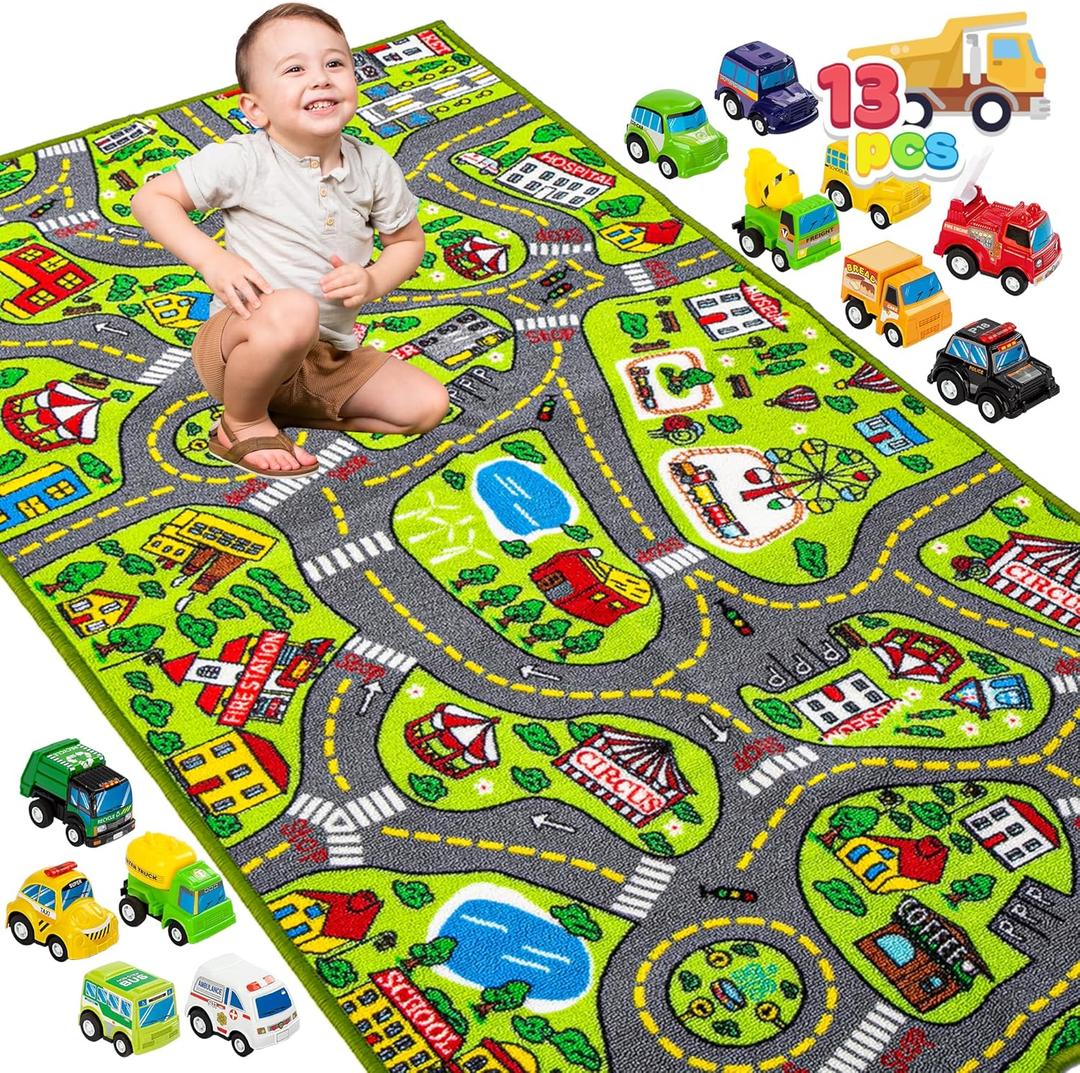 JOYIN Kids Play Rugs - 12 Pull-Back Vehicle Set - Durable Carpet Playmat Rug - City Pretending Play - Toddler Car Track Rug