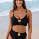 Pink Queen Women's 2 Piece Bikini Set 2026 Seashell Cutout Swimsuit High Waist Tummy Control Summer Beach Swim Bathing Suits (Black, XL)