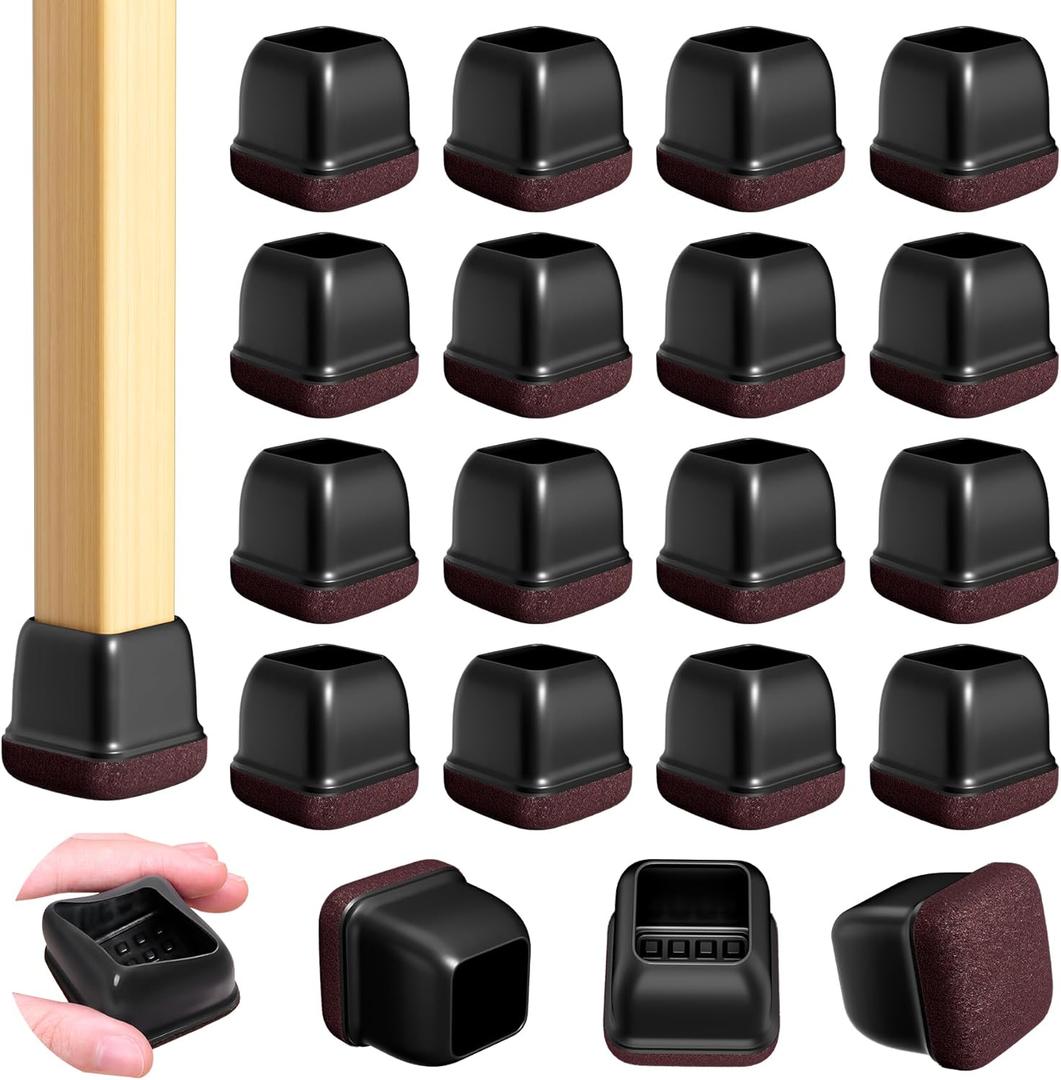 16 Pcs Chair Leg Floor Protectors for Hardwood Floors - Square Silicone Covers with Felt Pads, Protect Floors, Reduce Noise (Black, Fit: 3/4" to 1")