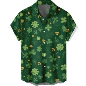 Mens 2026 ST Patricks Day Shirts Clover ST Pattys Day Funny Hat Dwarf Green Printed Short Sleeve Button Down Shirt (Green, L)