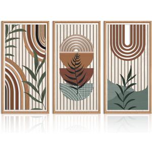 IARTTOP Large Boho Wall Art Set Of 3 Framed Mid Century Modern Wall Decor Abstract Geometric Wood Wall Art For Bedroom Living Room Office 16"x 32"
