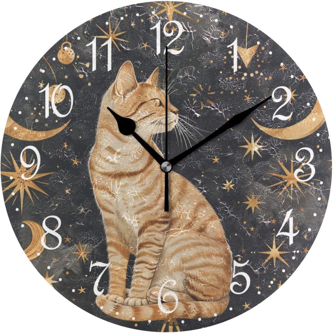ALAZA Wall Clock Moon Star Cat Silent Non-Ticking Decorative Wall Clocks Battery Operated 10 Inch for Home Living Room Kitchen Bathroom Bedroom 
