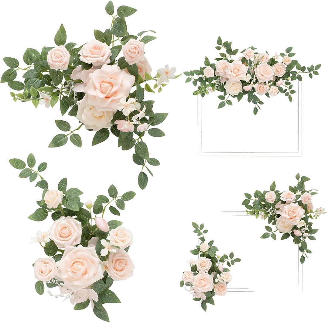 Ling's moment 2pcs Wedding Floral Swag Welcome Sign Artificial Flowers Backdrop Garland Blush & Cream Ceremony Reception Wall Home Decorations Entryway Faux Outdoor Board Head Table Decor (Pk-glowing Blush)