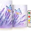 Flickering Flameless Candles, Lavender Butterfly Purple LED Candles with Remote Timer, Set of 2 Battery Operated Candle for Valentine Wedding Birthday (D3" x H5", D3" x H4")