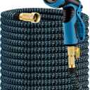 Garden Hose 100FT, Expandable Water Hoses Flexible Lightweight Hose With 3/4 Inch Solid Brass Fittings and 9 Function Nozzle Sprayer, Black and Blue