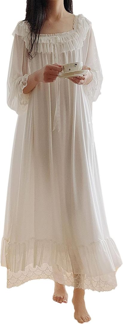 Women's Lace Vintage Victorian Nightgown Long Sleeve Sleepwear Nightdress (White#3) Small