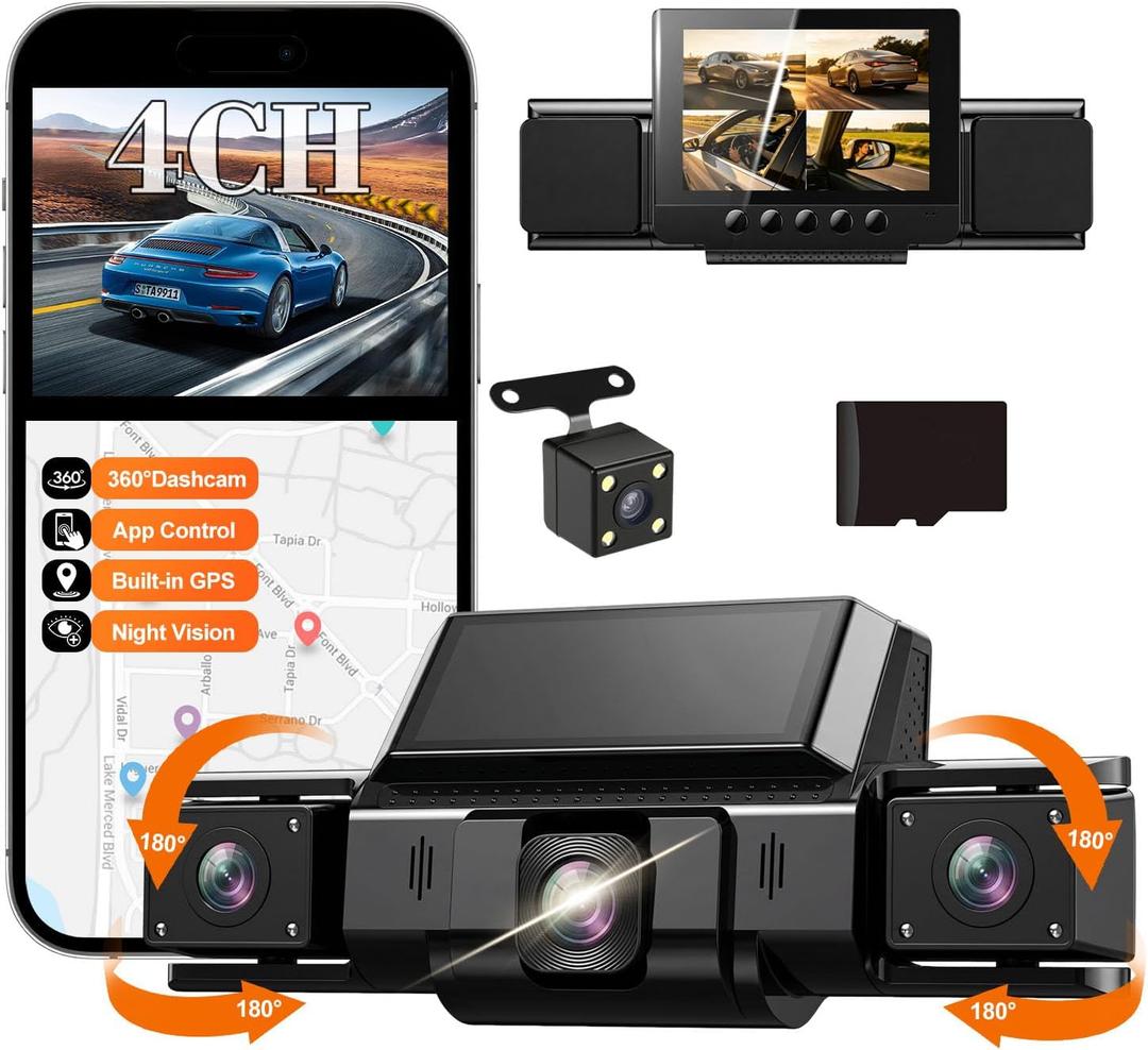 Dash Cam 360° View 4 Channel Car Camera, Front Rear Left Right 4 Way Recording, GPS WiFi APP Control, G-Sensor 24H Parking Mode, IR Night Vision WDR Wide Angle, Free TF Card Included